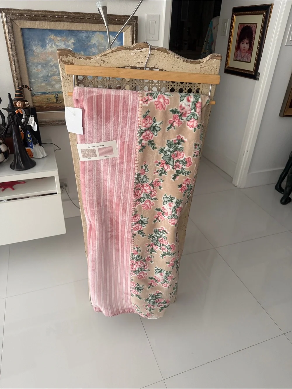 Laura Ashley Pink Floral and Stripe Reversible LushThrow Blanket